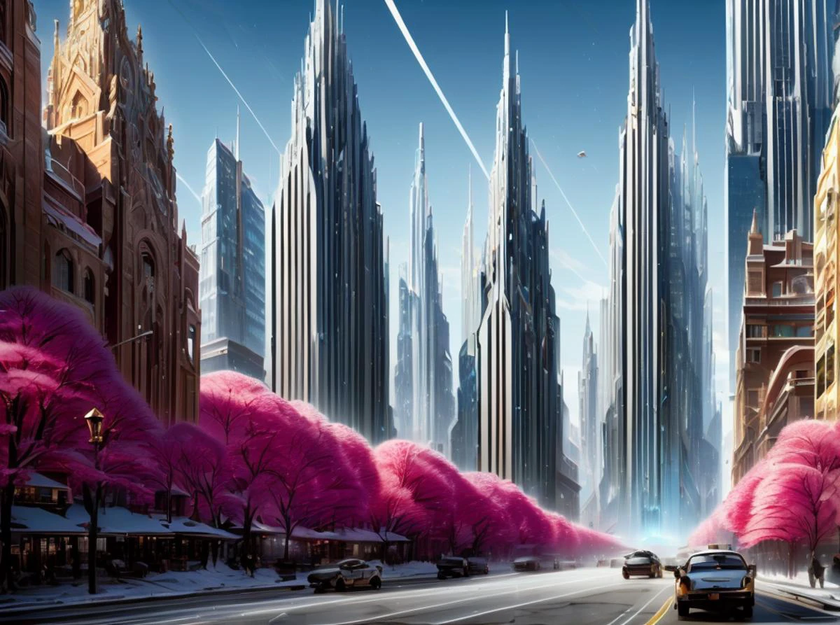 (masterpiece:1.3), (best quality:1.2), chiaroscuro, Unreal Engine, CGI render, Hyperdetailed, vivid colors, modern era photograph, ultra high quality model, 8k Ultra HD, perfect composition, beautiful detailed intricate insanely detailed octane render, soft natural volumetric cinematic perfect light, perfect depth of field shot, ray tracing, photometry, beautiful, metallic deep colors, subsurface scattering, ultra realistic, (photorealism:1.1), 8 k artistic photography, hyperdetailed, absurdly detailed, scenery, city, buildings, idealized American city, busy city center, parks and greenery areas, parks, plazas, modern era photograph, skyscrapers, art deco, monumental architecture, (uploaded and trending on imgur, pixiv, furaffinity, pinterest, e621, inkbunny, tumblr, deviantart, artstation, ), (in the style of and art by midjourney, greg rutkowski, raphael, Frank Lloyd Wright, James Gurney, Thomas Kinkade, ), <lora:ArtDecoArchitecture-10:0.85>, <lora:DonMR0s30rd3r-000010:0.8> DonMR0s30rd3r, snow, ice, frost, magical, fantasy, scifi,