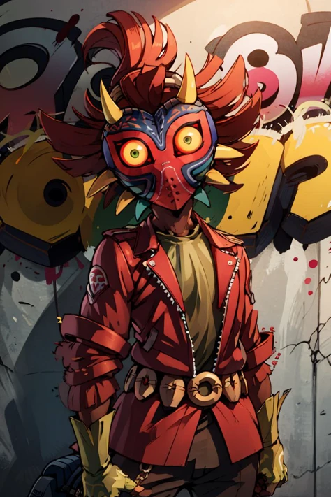 ((masterpiece,best quality)), absurdres,
<lora:Majora_Zelda:0.7>, Majora_Zelda, solo, 1boy, mask, horns, glowing eyes,
leather jacket, leather pants, black jacket, tight pants, biker clothes, spikes, multiple belts, CONCEPT_graffiti_wall_ownwaifu, www.ownwaifu.com, (graffiti:1.2), brick wall, <lora:CONCEPT_graffiti_wall_ownwaifu-15:1>