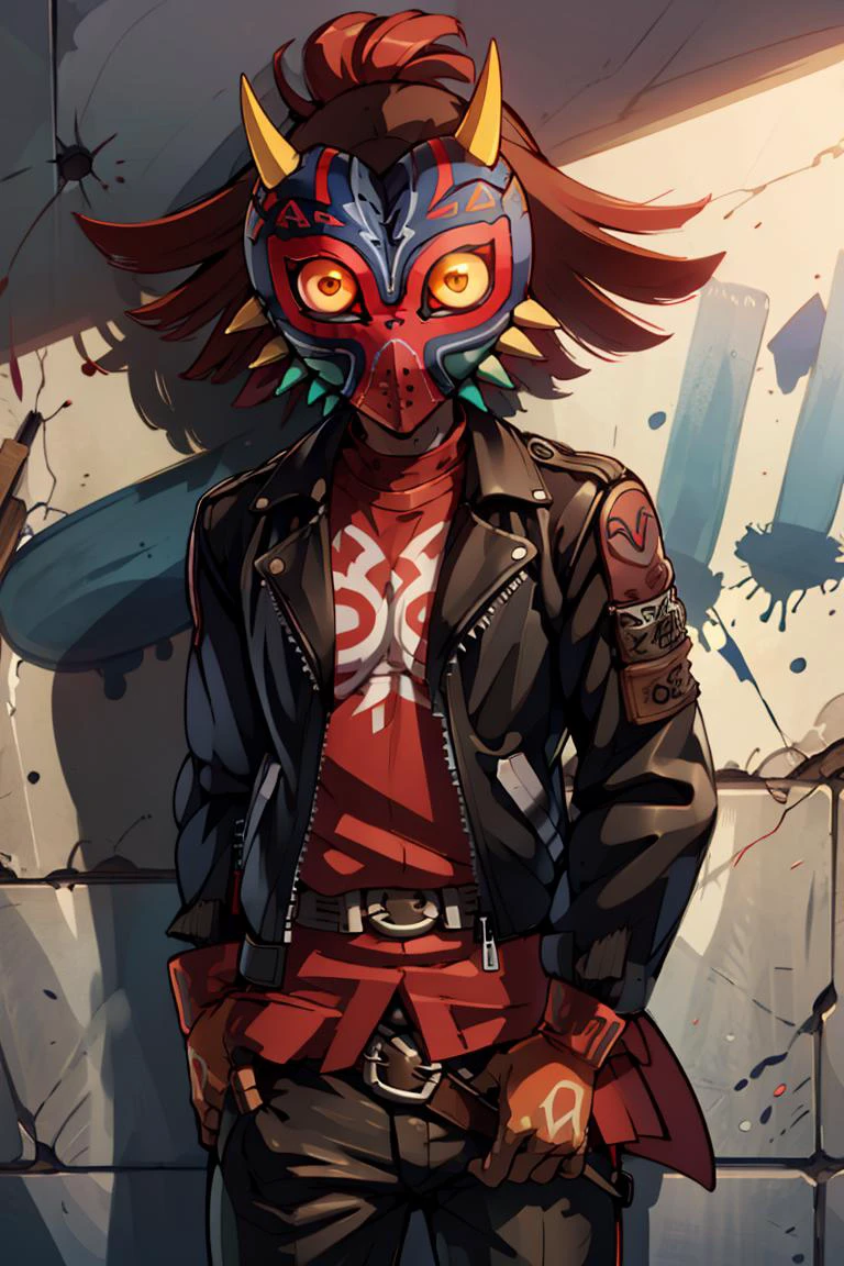 ((masterpiece,best quality)), absurdres,
(leather jacket, leather pants, black jacket, tight pants, biker clothes:1.3),
<lora:Majora_Zelda:0.7>, Majora_Zelda, solo, 1boy, mask, horns, glowing eyes,
, spikes, multiple belts, CONCEPT_graffiti_wall_ownwaifu, www.ownwaifu.com, (graffiti:1.2), brick wall, <lora:CONCEPT_graffiti_wall_ownwaifu-15:1>