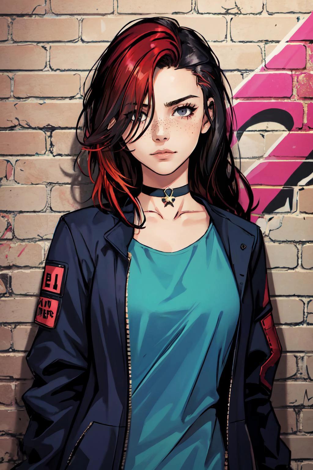 best quality, intricate details, chromatic aberration,
1girl, long hair, black hair, messy hair, red highlights, hair over one eye, red eyes, sharp eyes,
choker, neon shirt, torn legwear, open jacket, black jacket,
against wall, brick wall, graffiti, dim lighting, alley
<lora:CONCEPT_graffiti_wall_ownwaifu-15:0.8> CONCEPT_graffiti_wall_ownwaifu,www.ownwaifu.com, (graffiti:1.2),brick wall,head tilt,sidelighting, (straight-on:1.1), looking at viewer,standing,upper body, facing viewer,, ((best quality)), ((masterpiece)), ((realistic)), (detailed), portrait, close up, highly detailed skin, looking at the viewer,
young female fantasy, freckles, grey eyes, wearing blue robes
cyberpunk art, stunning gradient colors, no watermark signature,
detailed background, town, alley, dark alley, closed mouth, insanely detailed, , ((masterpiece)), absurdres, HDR,
