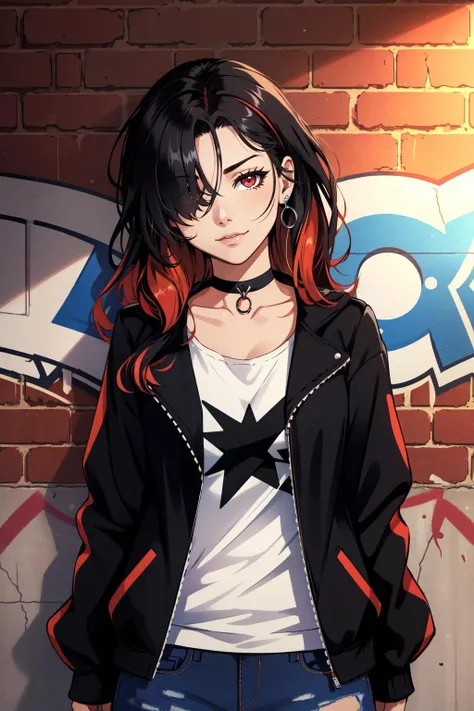 (masterpiece, best quality),  intricate details,
1girl, long hair, black hair, messy hair, red highlights, hair over one eye, red eyes, sharp eyes,
 choker, neon shirt, torn legwear, open jacket, 
against wall, brick wall, graffiti, dim lighting, alley
 <lora:CONCEPT_graffiti_wall_ownwaifu-15:0.8> CONCEPT_graffiti_wall_ownwaifu (graffiti:1.2),brick wall,head tilt,sidelighting,    (straight-on:1.1), looking at viewer,standing,upper body, facing viewer,