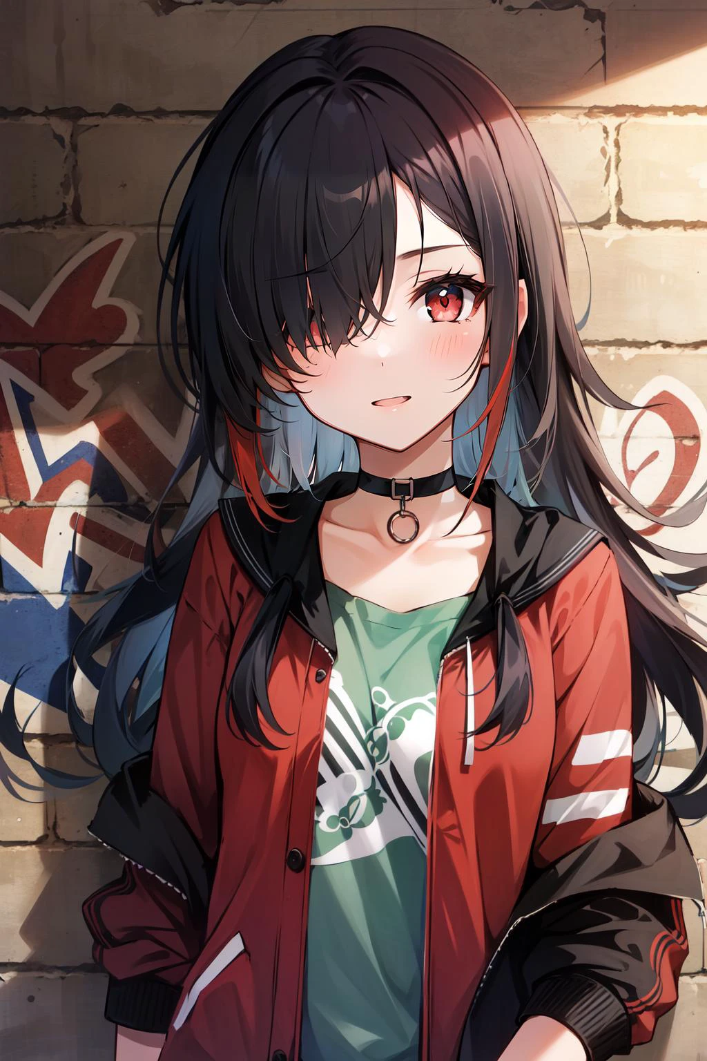 (masterpiece, best quality), intricate details,
1girl, long hair, black hair, messy hair, red highlights, hair over one eye, red eyes, sharp eyes,
choker, neon shirt, torn legwear, open jacket,
against wall, brick wall, graffiti, dim lighting, alley
<lora:CONCEPT_graffiti_wall_ownwaifu-15:0.8> CONCEPT_graffiti_wall_ownwaifu (graffiti:1.2),brick wall,head tilt,sidelighting, (straight-on:1.1), looking at viewer,standing,upper body, facing viewer,