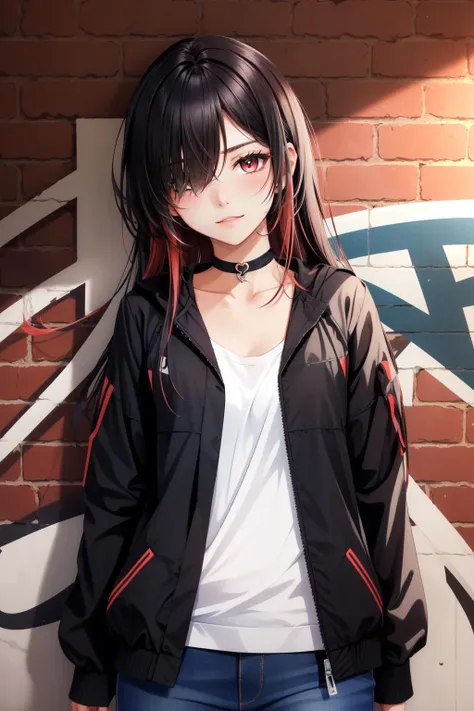 (masterpiece, best quality),  intricate details,
1girl, long hair, black hair, messy hair, red highlights, hair over one eye, red eyes, sharp eyes,
 choker, neon shirt, torn legwear, open jacket, 
against wall, brick wall, graffiti, dim lighting, alley
 <lora:CONCEPT_graffiti_wall_ownwaifu-15:0.8> CONCEPT_graffiti_wall_ownwaifu (graffiti:1.2),brick wall,head tilt,sidelighting,    (straight-on:1.1), looking at viewer,standing,upper body, facing viewer,