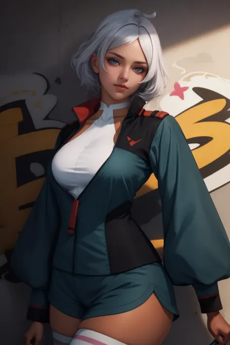 CONCEPT_graffiti_wall_ownwaifu,www.ownwaifu.com,
(graffiti:1.2),brick wall,head tilt,sidelighting,  
(straight-on:1.1), looking at viewer,standing,upper body, facing viewer, 
<lora:CONCEPT_graffiti_wall_ownwaifu-15:1> 
green_jacket_ownwaifu,www.ownwaifu.com,
short hair,dark skin,breasts,dark-skinned female,blue eyes,shorts,large breasts,white hair,silver hair,thighs,
green jacket,thighhighs,jacket,white legwear,long sleeves,
<lora:ANIME_secelia_dote_ownwaifu:1>, BREAK, masterpiece,best quality,ultra detailed, 8k, cinematic light,highly detailed, scenery,pose,solo,looking at viewer,