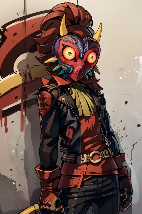 ((masterpiece,best quality)), absurdres,
(leather jacket, leather pants, black jacket, tight pants, biker clothes:1.3),
<lora:Majora_Zelda:0.8>, Majora_Zelda, solo, 1boy, mask, horns, glowing eyes,
, spikes, multiple belts, CONCEPT_graffiti_wall_ownwaifu, (graffiti:1.2), brick wall, <lora:CONCEPT_graffiti_wall_ownwaifu-15:1>