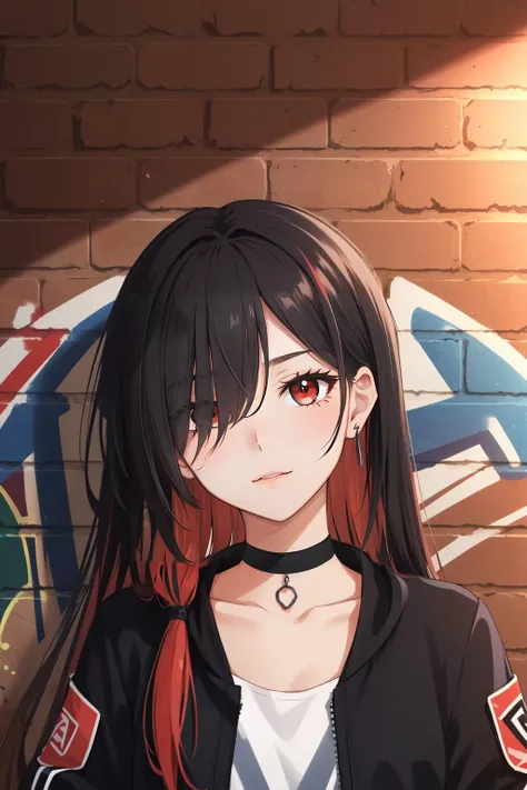 (masterpiece, best quality),  intricate details,
1girl, long hair, black hair, messy hair, red highlights, hair over one eye, red eyes, sharp eyes,
 choker, neon shirt, torn legwear, open jacket, 
against wall, brick wall, graffiti, dim lighting, alley
 <lora:CONCEPT_graffiti_wall_ownwaifu-15:0.8> CONCEPT_graffiti_wall_ownwaifu (graffiti:1.2),brick wall,head tilt,sidelighting,    (straight-on:1.1), looking at viewer,standing,upper body, facing viewer,