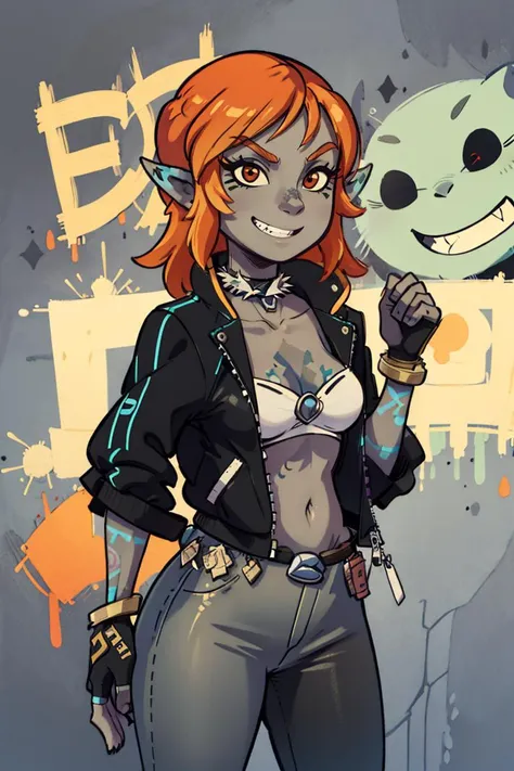 ((masterpiece,best quality)),
<lora:Twilight_Theme_Zelda_Anime:0.8>, (Twilight_Theme_Zelda), glow, glowing, green glow, dark skin, grey skin, glowing tattoo, pointy ears,
1girl, smile, red eyes, orange hair, yellow sclera, ("Twilight" text),
smug, leather jacket, leather pants, strapless bra, black jacket, tight pants, black choker, zipper, fingerless gloves, biker clothes, spikes, unzipped, multiple belts, shiny clothes, high collar, CONCEPT_graffiti_wall_ownwaifu, www.ownwaifu.com, (graffiti:1.2), brick wall, (clenched hands), grin, <lora:CONCEPT_graffiti_wall_ownwaifu-15:1>