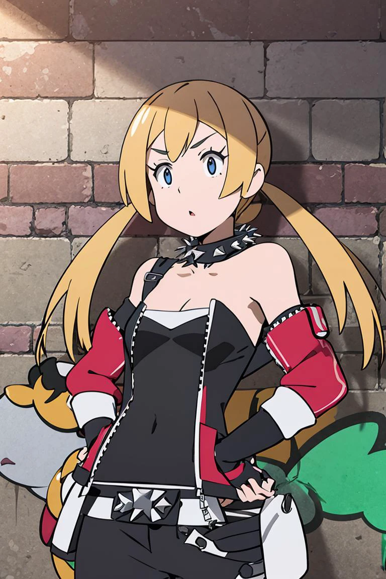 <lora:Alola_Style:0.65>, ((masterpiece,best quality)), absurdres, 1girl, leather jacket, leather pants, strapless bra, black jacket, tight pants, black chocker, zipper, fingerless gloves, biker clothes, spikes, unzipped, multiple belts, shiny clothes, high collar, CONCEPT_graffiti_wall_ownwaifu, www.ownwaifu.com, (graffiti:1.2), brick wall, hand on hip, cowboy shot, <lora:CONCEPT_graffiti_wall_ownwaifu-15:1>