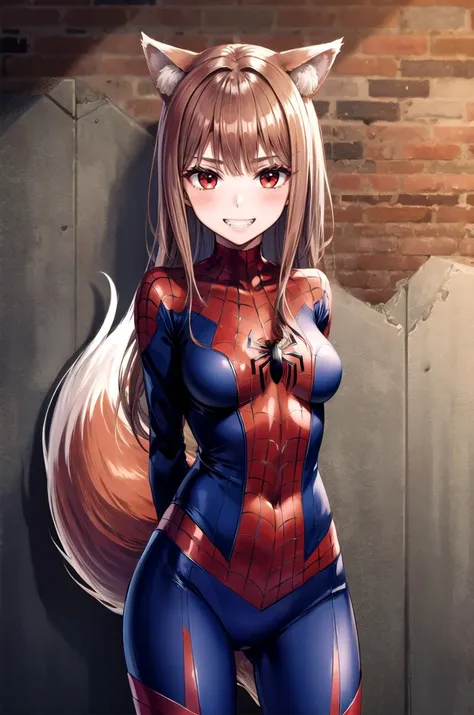 (masterpiece, best quality, detailed), 1girl, solo, looking at viewer, holo, long hair, animal ears, wolf ears, wolf girl, tail, wolf tail, medium breasts, 
, <lora:attire_spider-man:0.8>, spider suit, spider web print, spider web, <lora:CONCEPT_graffiti_wall_ownwaifu:0.7>, CONCEPT_graffiti_wall_ownwaifu, www.ownwaifu.com, (graffiti:1.2), brick wall, arms behind back, smile, grin