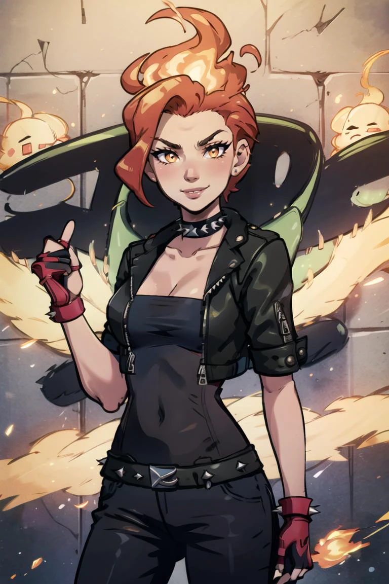 ((masterpiece,best quality)), absurdres, <lora:Fiery_Hair:0.8>, Fiery_Hair, fiery hair, glowing, 1girl, solo, smiling, looking at viewer, cowboy shot, leather jacket, leather pants, strapless bra, black jacket, tight pants, black choker, zipper, fingerless gloves, biker clothes, spikes, unzipped, multiple belts, shiny clothes, high collar, CONCEPT_graffiti_wall_ownwaifu, (graffiti:1.2), brick wall,<lora:CONCEPT_graffiti_wall_ownwaifu-15:1>