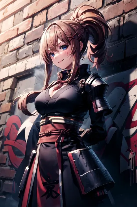 (masterpiece, best quality, detailed), 1girl, solo, looking at viewer, <lora:darkness (konosuba)_v10:0.5>, long hair, blonde hair, x hair ornament, blue eyes, ponytail, hair ornament, braid, darkness \(konosuba\), large breasts, <lora:ShinobiTech:1>, shinobitech, shinobi, bulky metal, cyberpunk, <lora:CONCEPT_graffiti_wall_ownwaifu:0.7>, CONCEPT_graffiti_wall_ownwaifu, www.ownwaifu.com, (graffiti:1.2), brick wall, arms behind back, smile, closed mouth