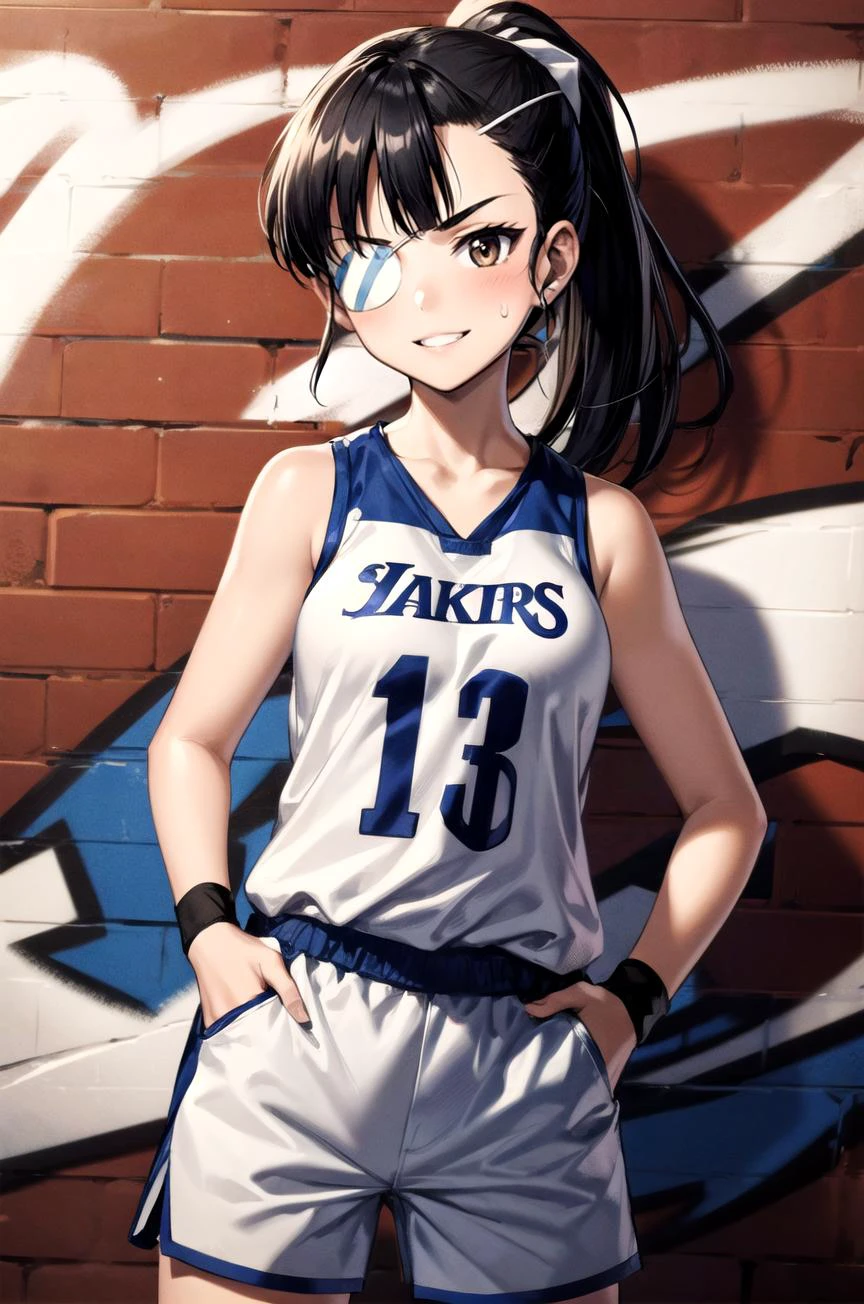 (masterpiece, best quality, detailed), 1girl, solo, looking at viewer, <lora:Sakamoto:0.9>, SakamotoAi, long hair, black hair, brown eyes, medium breasts, ponytail, eyepatch, bangs,
basketball jersey, shorts, sweatband, headband, wristband, basketball, <lora:CONCEPT_graffiti_wall_ownwaifu:0.7>, CONCEPT_graffiti_wall_ownwaifu, www.ownwaifu.com, (graffiti:1.2), brick wall, hands in pockets, smile, parted lips, v-shaped eyebrows, smirk