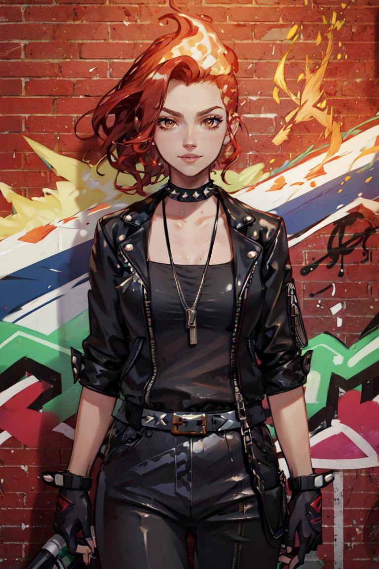((masterpiece,best quality)), absurdres, <lora:Fiery_Hair:0.8>, Fiery_Hair, fiery hair, glowing, 1girl, solo, smiling, looking at viewer, cowboy shot, leather jacket, leather pants, strapless bra, black jacket, tight pants, black choker, zipper, fingerless gloves, biker clothes, spikes, unzipped, multiple belts, shiny clothes, high collar, CONCEPT_graffiti_wall_ownwaifu, (graffiti:1.2), brick wall,<lora:CONCEPT_graffiti_wall_ownwaifu-15:1>