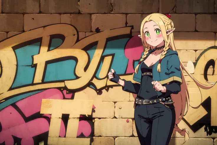 ((masterpiece,best quality)), absurdres,
<lora:Marcille_Donato_DungeonMeshi_Screenshots:0.8>, Marcille_Donato_DungeonMeshi,
1girl, solo, blonde hair, long hair, twin braids, elf, pointy ears, green eyes,
(floating hair:1.2),
(black leather jacket:1.2). leather pants, strapless bra, black jacket, tight pants, black choker, zipper, fingerless gloves, biker clothes, spikes, unzipped, belt, shiny clothes, high collar, CONCEPT_graffiti_wall_ownwaifu, (graffiti:1.2), brick wall,<lora:CONCEPT_graffiti_wall_ownwaifu-15:1>
solo, smile, blush, looking at viewer, side view,