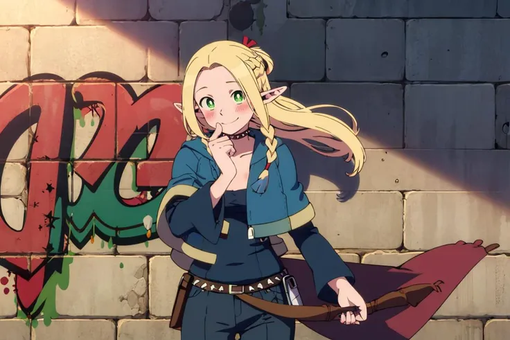 ((masterpiece,best quality)), absurdres,
<lora:Marcille_Donato_DungeonMeshi_Screenshots:0.8>, Marcille_Donato_DungeonMeshi, 
1girl, solo, blonde hair, long hair, twin braids, elf, pointy ears, green eyes,
(floating hair:1.2),
(black leather jacket:1.1). leather pants, strapless bra, black jacket, tight pants, black choker, zipper, fingerless gloves, biker clothes, spikes, unzipped, belt, shiny clothes, high collar, CONCEPT_graffiti_wall_ownwaifu, (graffiti:1.2), brick wall,<lora:CONCEPT_graffiti_wall_ownwaifu-15:1> 
solo, smile,  blush, looking at viewer,  side view,