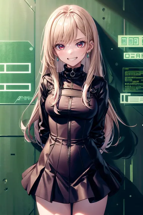 (masterpiece, best quality, detailed), 1girl, solo, looking at viewer, <lora:kitagawa_marin_v1-1:0.75>, kitagawa marin, blonde hair, long hair, multicolored hair, red eyes, jewelry, earrings, piercing, <lora:HackedTech-20:1>, hackedtech, data stream, green hues, <lora:CONCEPT_graffiti_wall_ownwaifu-15:0.7>, CONCEPT_graffiti_wall_ownwaifu, www.ownwaifu.com, (graffiti:1.2), brick wall, arms behind back, grin