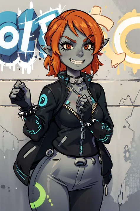 ((masterpiece,best quality)),
<lora:Twilight_Theme_Zelda_Anime:0.8>, (Twilight_Theme_Zelda), glow, glowing, green glow, dark skin, grey skin, glowing tattoo, pointy ears,
1girl, smile, red eyes, orange hair, yellow sclera, ("Twilight" text),
smug, leather jacket, leather pants, strapless bra, black jacket, tight pants, black choker, zipper, fingerless gloves, biker clothes, spikes, unzipped, multiple belts, shiny clothes, high collar, CONCEPT_graffiti_wall_ownwaifu, www.ownwaifu.com, (graffiti:1.2), brick wall, (clenched hands), grin, <lora:CONCEPT_graffiti_wall_ownwaifu-15:1>