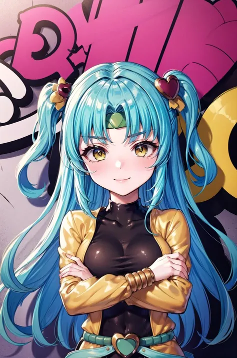 (masterpiece, best quality, detailed), 1girl, solo, long hair, light blue hair, gradient hair, purple hair, yellow eyes, heart hair ornament, looking at viewer, two side up, 
<lora:OUTFIT-dio:1>, outfit-dio, headband, <lora:CONCEPT_graffiti_wall_ownwaifu:0.7>, CONCEPT_graffiti_wall_ownwaifu, www.ownwaifu.com, (graffiti:1.2), brick wall, crossed arms, breast hold, arms under breasts, smirk