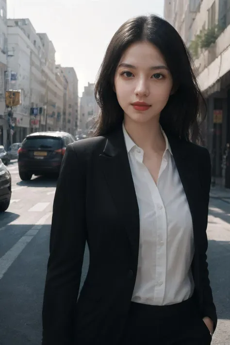 (realistic:1.5),(masterpiece, Extremely detailed CG unity 8k wallpaper, best quality, highres:1.2),
(ultra_detailed, UHD:1.2),(pixiv:1.3),distinct,detailed face,a girl,<lora:suit-AIX:0.7>,black trousers,