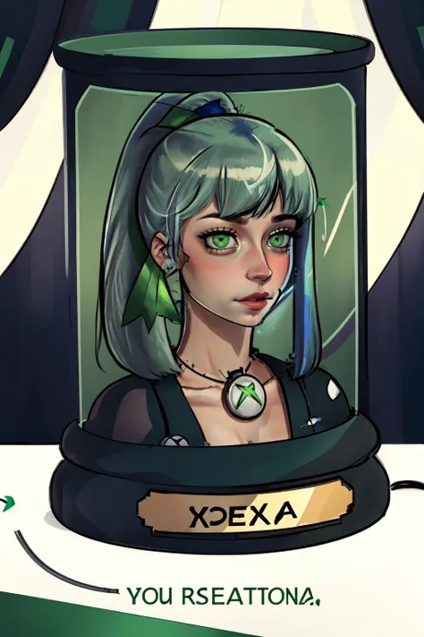 Highly detailed, High Quality, Masterpiece, beautiful, xbox-chan, ponytail, green hair ribbon, <lora:Char_Meme_Xboxchan:0.9>, Head in Jar, jar, head only, <lora:Pos_HeadinJar:0.9>, (detailed face and eyes:1.3)