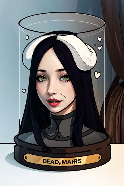 Highly detailed, High Quality, Masterpiece, beautiful, Head in Jar, <lora:HeadinJar:0.9>, 1girl, jar, head only, albedo_overlord, white horns, black hair, <lora:Char_Overlord_Albedo:0.6>