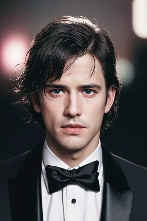 RAW face closeup portrait of a man wearing a tuxedo, professional photography, in blade runner, high resolution, 4k, 50mm, vaporwave, photo by Brooke Shaden, close portrait