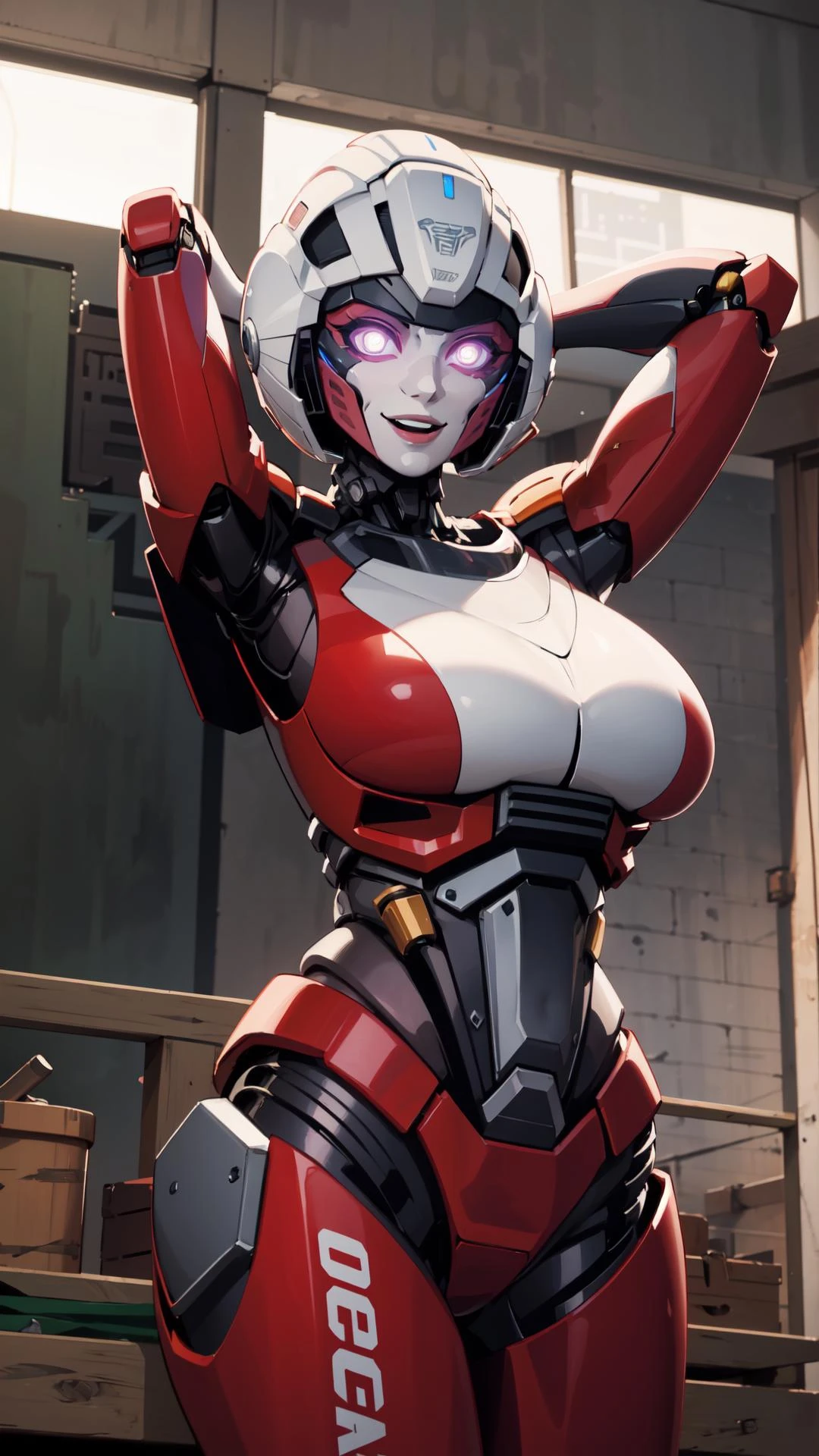 <lora:ROTB_Arcee-2:0.6> ROTB_Arcee, 1girl, big breasts, smile, robot, mecha, (glowing eyes:1.2), arms behind head