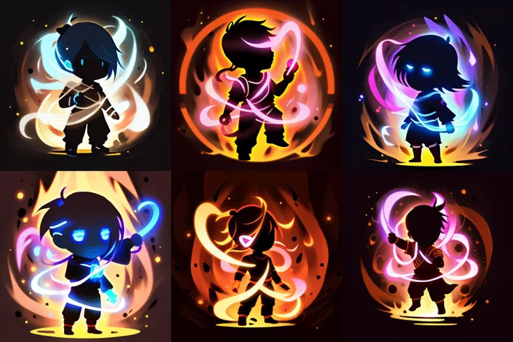 guanquan\(skill icon\),aura,glowing,1boy and 1girl,chibi,silhouette,<lora:2dhxBuff_guangquan_v1.0:0.8>