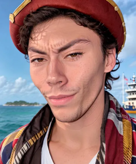 (close up:1.2), (kazuya) , solo, 4K, as a (pirate:1.1), ragged clothes, baggy clothes, pirate hat, ship in background, beach, HQ, highres
<lora:Kazuya2:0.75>