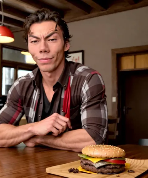(kazuya) , solo, 4K, is sitting in a restaurant, (burger on the table:1.2), people in background, HQ, highres
<lora:Kazuya2:0.72>