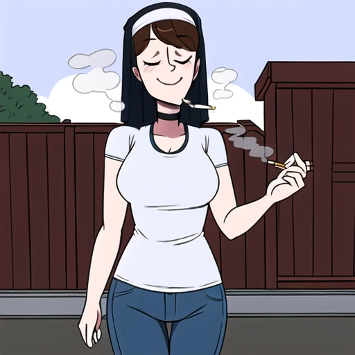 <lora:HellOnEarth:0.8>,1girl, nun, t-shirt, smile, brown hair, choker, half closed eyes, closed mouth, cigarette, smoking, cutoff jeans, outdoors, HellOnEarth