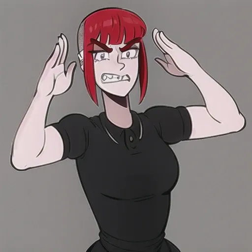 <lora:HellOnEarth:0.8>, 1girl, HellOnEarth, tooth gap, Katya, red hair, bangs, shaved head, straight arm salute