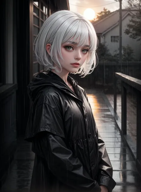 best quality ,masterpiece,  Waning sun, Diminishing light, Declining light, Subject separation, Bokeh effect, Background blur ,White hair,Layered haircut, Charcoal gray, black, and white colors, rainy day, isthmus, Bulgarian <lora:add_detail:1>