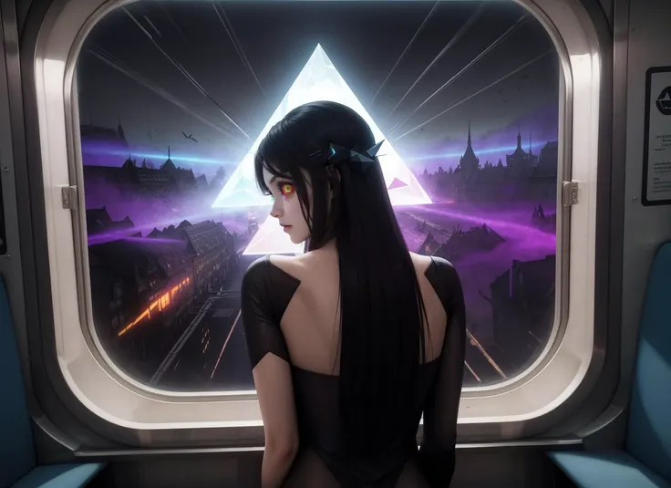 three cornered window, back of head shot of (woman looking out of triangle window:1.1), 3rd person, Looking out the triangular window of a (train:1.1) with triangular windows, triangular windows and triangular, wheels,  in a fantasy world, 
psychedelic, geometric, vivid light, high contrast, triadic colors, dark shadows,  explosions, nuclear mushroom cloud, nuclear explosion, dystopian nightmare, 
(beautiful composition),
21 yo woman,