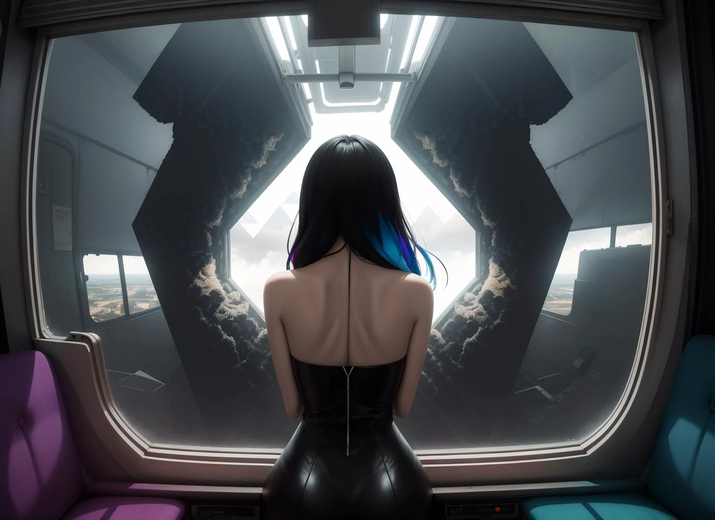 three cornered window, back of head shot of (woman looking out of triangle window:1.1), 3rd person, Looking out the triangular window of a (train:1.1) with triangular windows, triangular windows and triangular, wheels, in a fantasy world,
psychedelic, geometric, vivid light, high contrast, triadic colors, dark shadows, explosions, nuclear mushroom cloud, nuclear explosion, dystopian nightmare,
(beautiful composition),
21 yo woman,