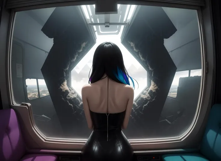 three cornered window, back of head shot of (woman looking out of triangle window:1.1), 3rd person, Looking out the triangular window of a (train:1.1) with triangular windows, triangular windows and triangular, wheels,  in a fantasy world, 
psychedelic, geometric, vivid light, high contrast, triadic colors, dark shadows,  explosions, nuclear mushroom cloud, nuclear explosion, dystopian nightmare, 
(beautiful composition),
21 yo woman,