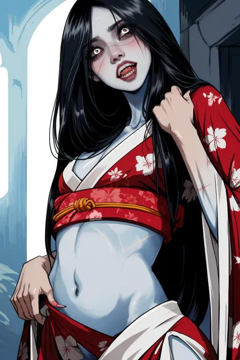 21 yo woman, <lora:Hisako-11KIv9:0.8> Hisako, grey skin, black hair, - white eyes, or glowing eyes, long straight hair, teeth, open mouth, torn clothes, long hair, (insanely detailed, beautiful detailed face), hair over one eye, 
detailed eyes, , fit body, hetero, sexy, (mystical body scars), (narrow waist), navel, Japanese Red Lavish Kimono, (beautiful)
fantasy, magical, fit body, makeup, blush, eyeliner, long eyelashes, [perfect teeth], 
good hands, anatomical hands, (dynamic pose:1.1),
thighhighs, navel, 0001SRGoodPictureV3