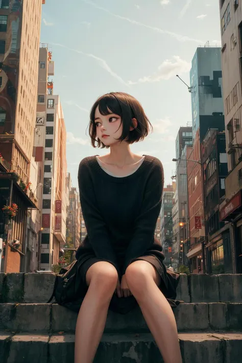 masterpiece,best quality,1girl,face,short hair,city,sitting,looking away,from below