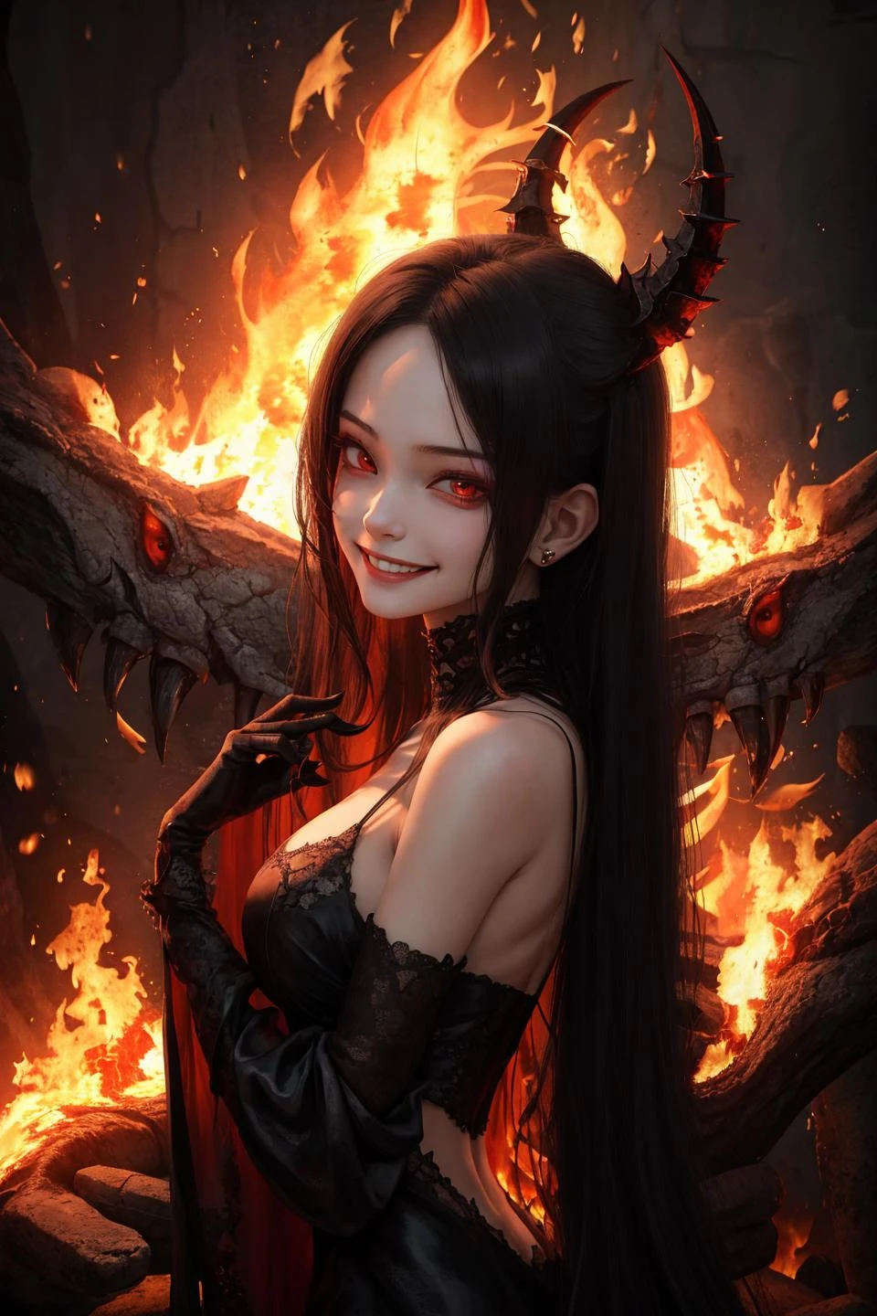 masterpiece,best quality,1girl,evil,hell,from side,smile,fire