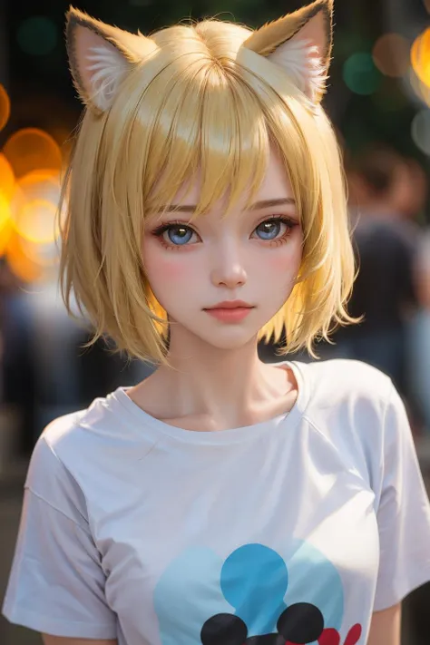 masterpiece,best quality,1girl,t-shirt,blonde short hair,animal ears,close up,bokeh,looking at viewer