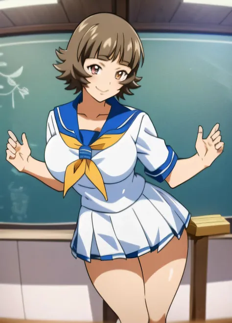 1girl, masterpice, high quality, best quality, good body, 5fingers, good hands and fingers, official art, (8k), (pixiv), (solo), dynamic angle, dynamic pose, scenary: school, (curvy), (scultural body) (((school uniform))) , <lora:Ekitoku-09:1:0.8>, ekitoku, ikkitousen, medium breasts, (smile), looking at viewer,