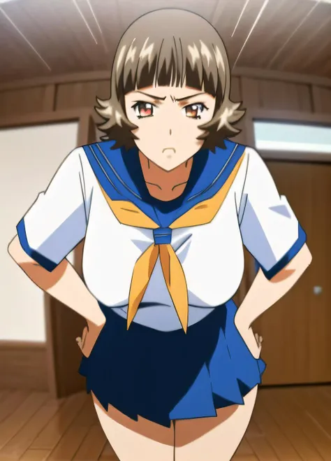 1girl, masterpice, high quality, best quality, good body, 5fingers, good hands and fingers, official art, (8k), (pixiv), (solo), dynamic angle, dynamic pose, scenary: school, (curvy), (scultural body) (((school uniform))) , <lora:Ekitoku-09:1:0.8>, ekitoku, ikkitousen, medium breasts, (angry), looking at viewer,