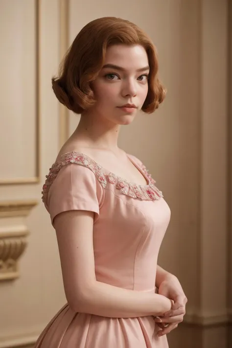 (masterpiece, best quality, high resolution:1.2, photorealistic:1.3),<lora:anya_taylor_joy-000003:1>  anya taylor joy, pink 1960's era dress,   looking at viewer, eye contact, portrait, smiling, <lora:anti_longtorso_v10:1>,