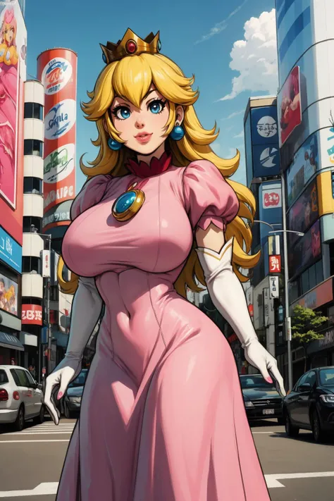 a cartoon picture of a woman with a big breast sitting on a ledge, a human-like juicy peach, portrait of princess peach, princess peach), princess peach, thicc, danbooru and artstation, commission for high res, video game fanart, giantess art, the princess of power, extremely detailed artgerm, high quality fanart, nintendo game art, araffe in a pink bodysuit posing on a city street, neon light and fantasy, pink body, very sexy outfit,  tight attire, pink body harness, perfect body,  sexy outfit, sexy dominant pose