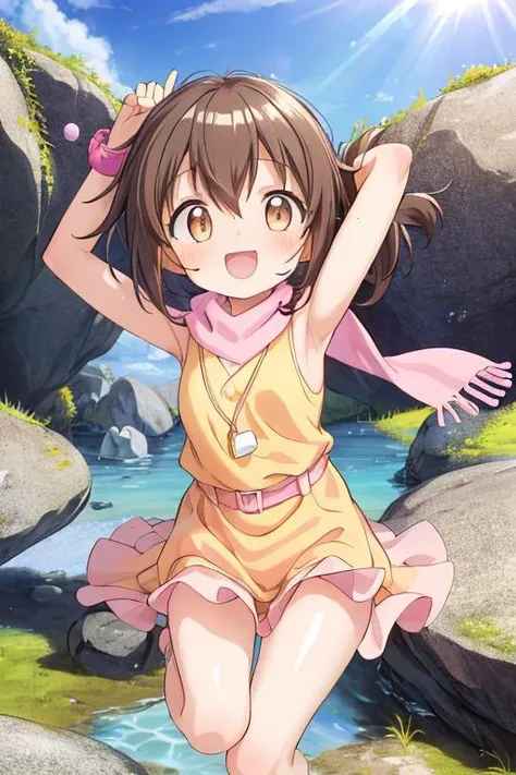 masterpiece, best quality,ultra detail, <lora:anmnr01:0.3>, <lora:GoodHands-vanilla:0.7> <lora:add_detail:0.5>,1girl,happy ,rocky place,shiny eyes,shiny skin , <lora:HikariDigi:0.7>,HikariDigi,whistle pendant,yellow onepiece,pink scarf,sunshine,