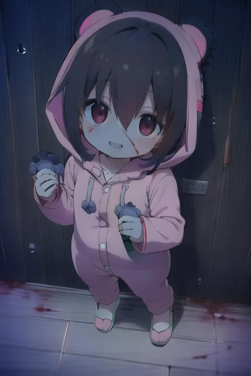 (masterpiece, best quality:1.3), (anime art style:1.3), perfect anatomy, (perfect hands), 1girl solo, (blood on lens, from above full body look back eye contact:1.3), (HikariDigi, <lora:HikariDigi:0.8>, detailed Child bedroom, holding blood covered athame dripping blood, brown hair, bright red eyes), detailed beautiful face, mischievous large open wide grin teeth head tilted to the side looking at viewer, (wearing pink koala onesie koala hood on head:1.5), chiaroscuro, volumetric lighting, volumetric shading, high resolution, extreme detail, <lora:GoodHands-vanilla:0.8> <lora:night-r:1.2>
