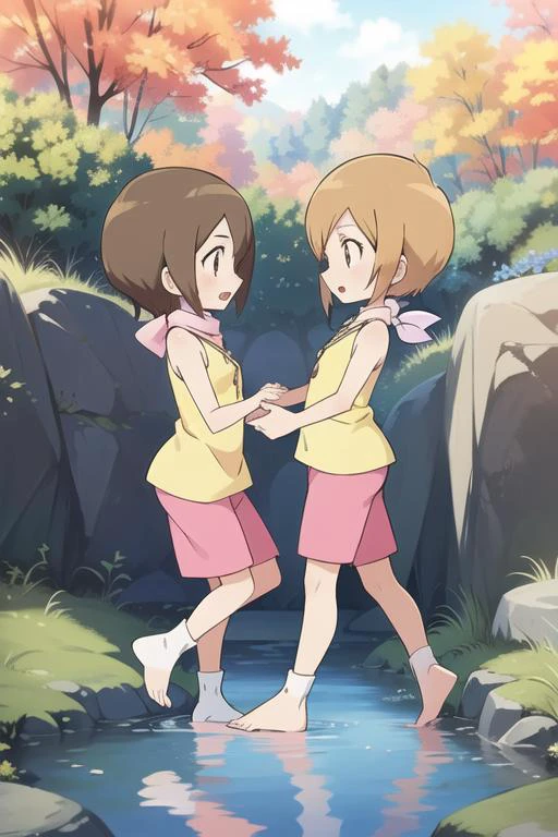 (masterpiece, best quality:1.3), (anime art style:1.3), perfect anatomy, perfect hands, 1girl solo, (front view full body:1.3), (<lora:HikariDigi:0.8> HikariDigi, dusk sunlight, autumn forest clearing high grass small stream with stone path across, bare feet standing on stone in the middle of stream on one leg trying to keep balance, holding arms out), detailed beautiful face, nervous scared open mouth sweating, volumetric fog, volumetric lighting, volumetric shading, high resolution, extreme detail, <lora:GoodHands-vanilla:0.8>, HikariDigi, Hikari Yagami, Kari Kamiya, (chin-length pixie cut brown hair, long Wispy Bangs, brown eyes), (light-pink scarf, yellow sleeveless mock neck halter tank top thigh length, pink bermuda shorts, coach whistle around neck), (Katsuyoshi Nakatsuru \(style\), Digimon Adventure \(style\), Katsuyoshi Nakatsuru) official style, official art, anime screencap, anime coloring