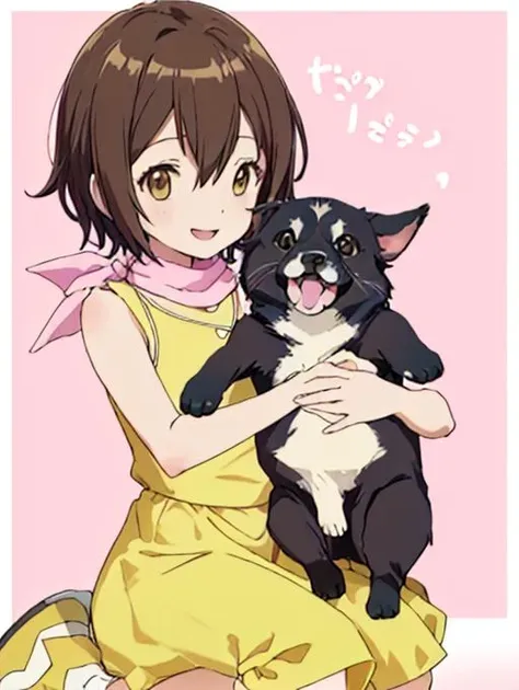 best quality, masterpiece, highres, detailed, perfect anatomy, <lora:Detail - add_detail:0.2>, HikariDigi, <lora:HikariDigi:1>, yellow dress, pink pants, happy, female child, holding dog,
