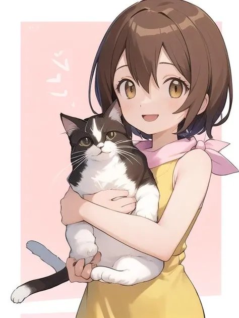 best quality, masterpiece, highres, detailed, perfect anatomy, <lora:Detail - add_detail:0.2>, HikariDigi, <lora:HikariDigi:1>, yellow dress, pink pants, happy, female child, holding cat,