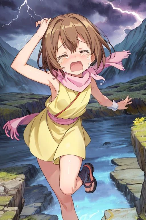 masterpiece, best quality,ultra detail, <lora:anmnr01:0.3>, <lora:GoodHands-vanilla:0.7> <lora:add_detail:0.5>,1girl,rocky place,shiny eyes,shiny skin , <lora:HikariDigi:0.7>,HikariDigi,close eyes,tears,scared,yellow onepiece,pink scarf,storm,strong wind,leaning forward,run away from dogs